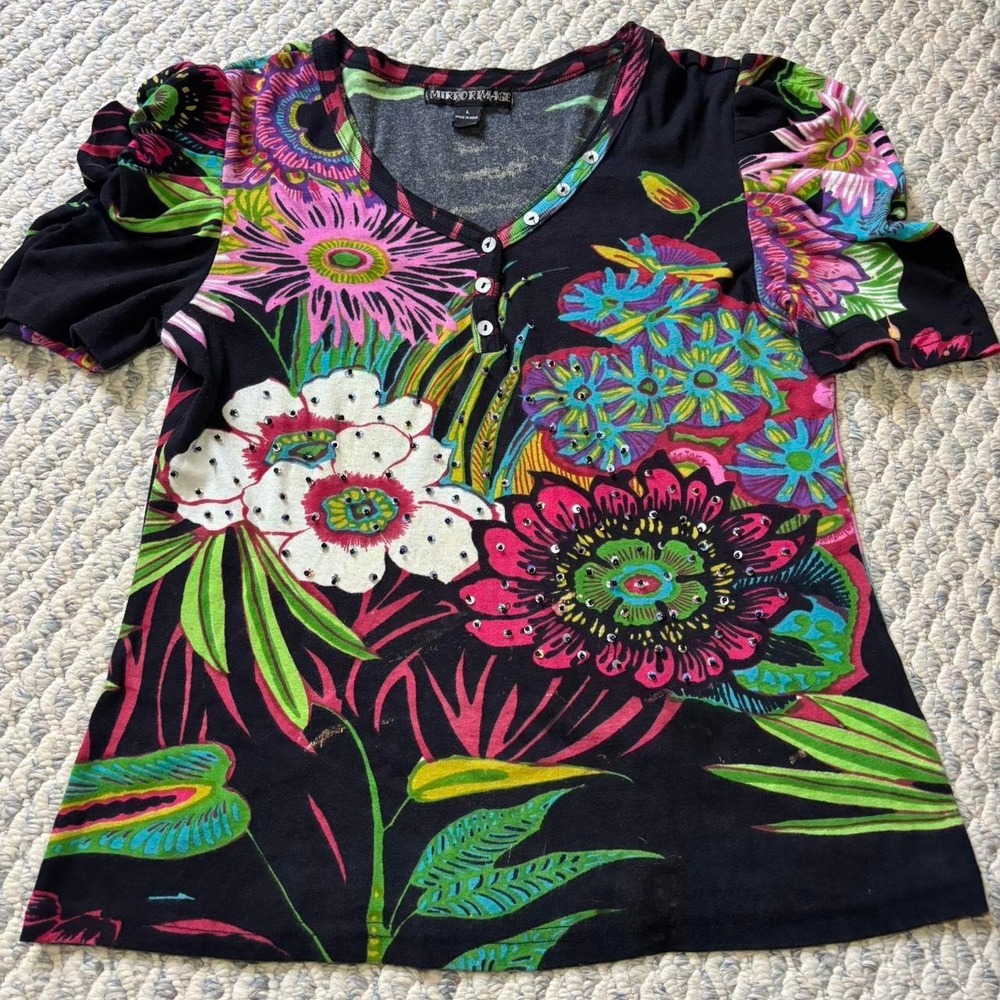 Vintage black top with floral details, sequins and buttons